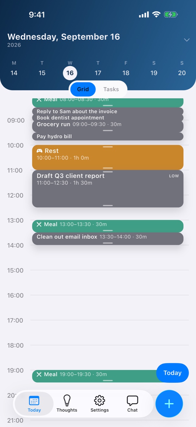 A scheduling app we built, showing a planned day on iPhone